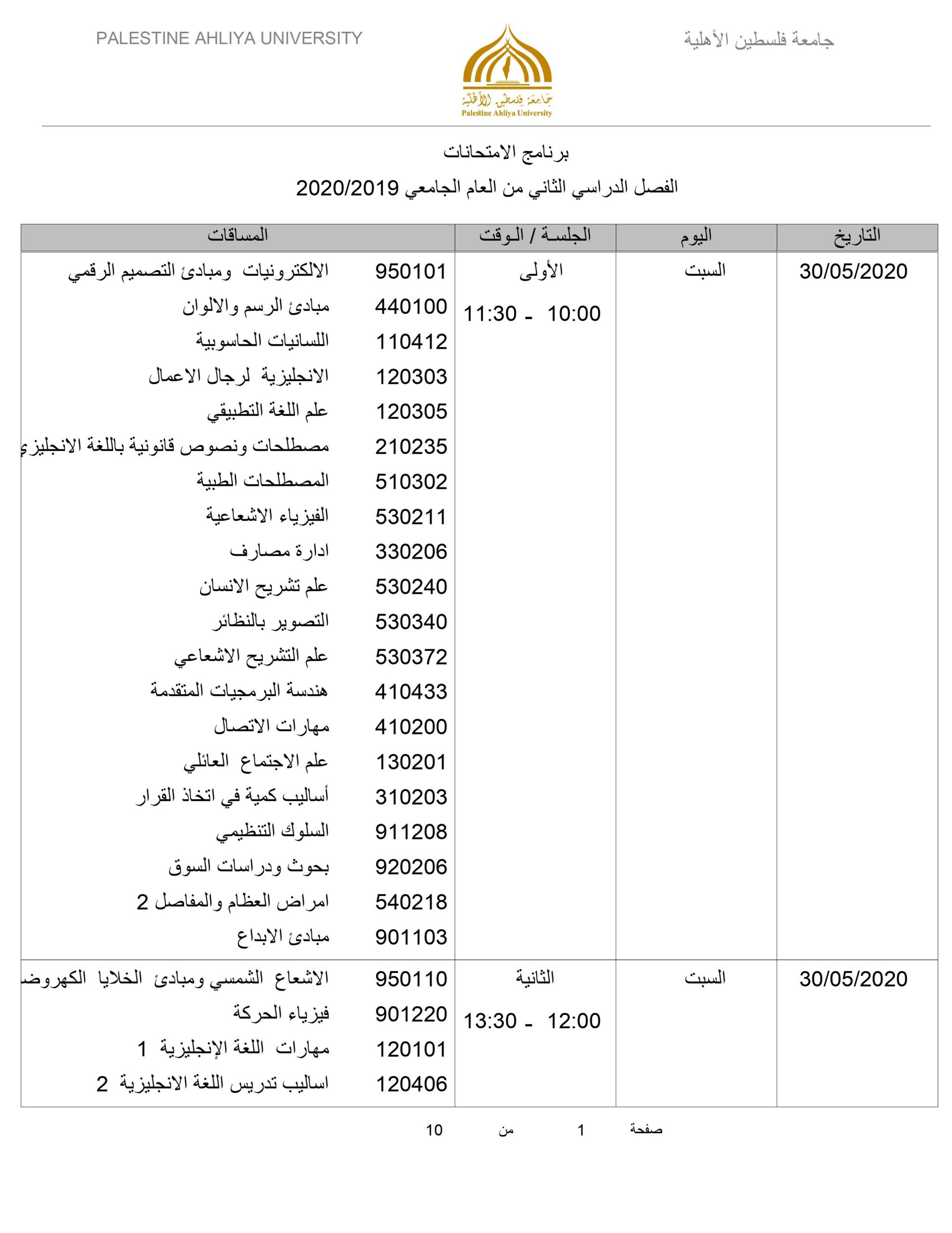 رسمياً- برنامج الامتحانات النهائية للفصل الدراسي الثاني من العام الأكاديمي 2019-2020 الصادر عن الشؤون الأكاديمية وعمادة القبول والتسجيل